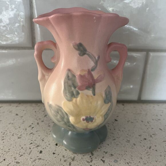 Vintage Hull Pottery  Miniature Vase 5 Inches Magnolia Yellow Pink Blue Handles - Picture 1 of 7
